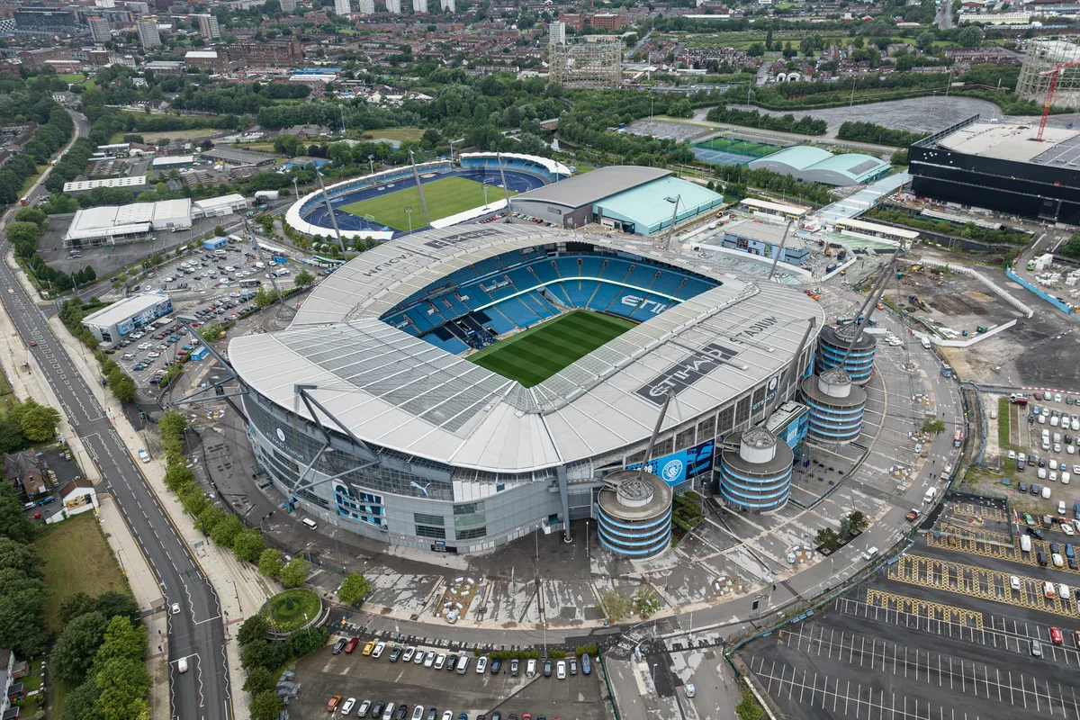Aerial view of the Etihad Stadium and the Sportcity complex, the area covered by hotels near Etihad Stadium searches
