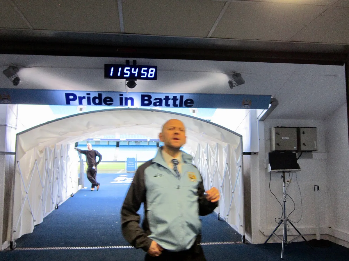 Real view from inside the Etihad Stadium players tunnel looking toward the pitch